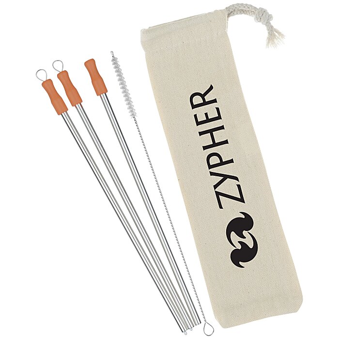 Custom Stainless Straw Set in Cotton Pouch - 3 Pack