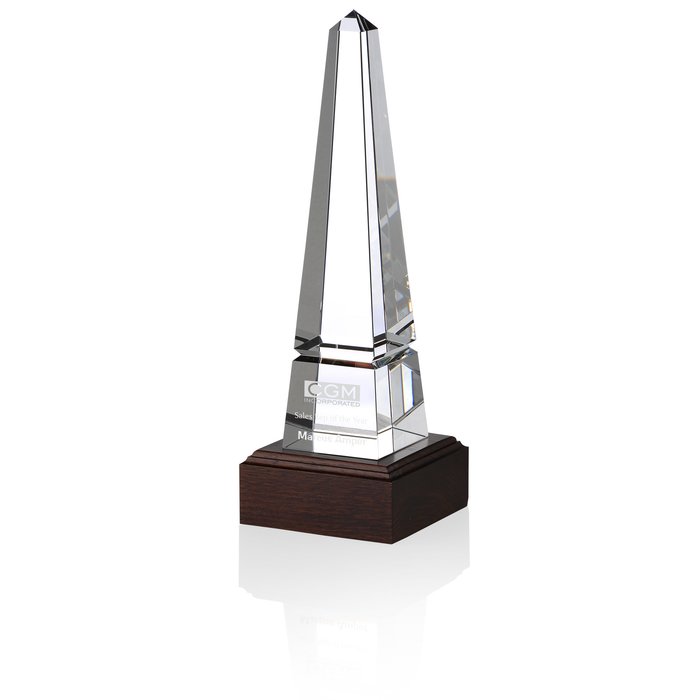 Custom Pinnacle Obelisk Crystal Award - Mahogany Base